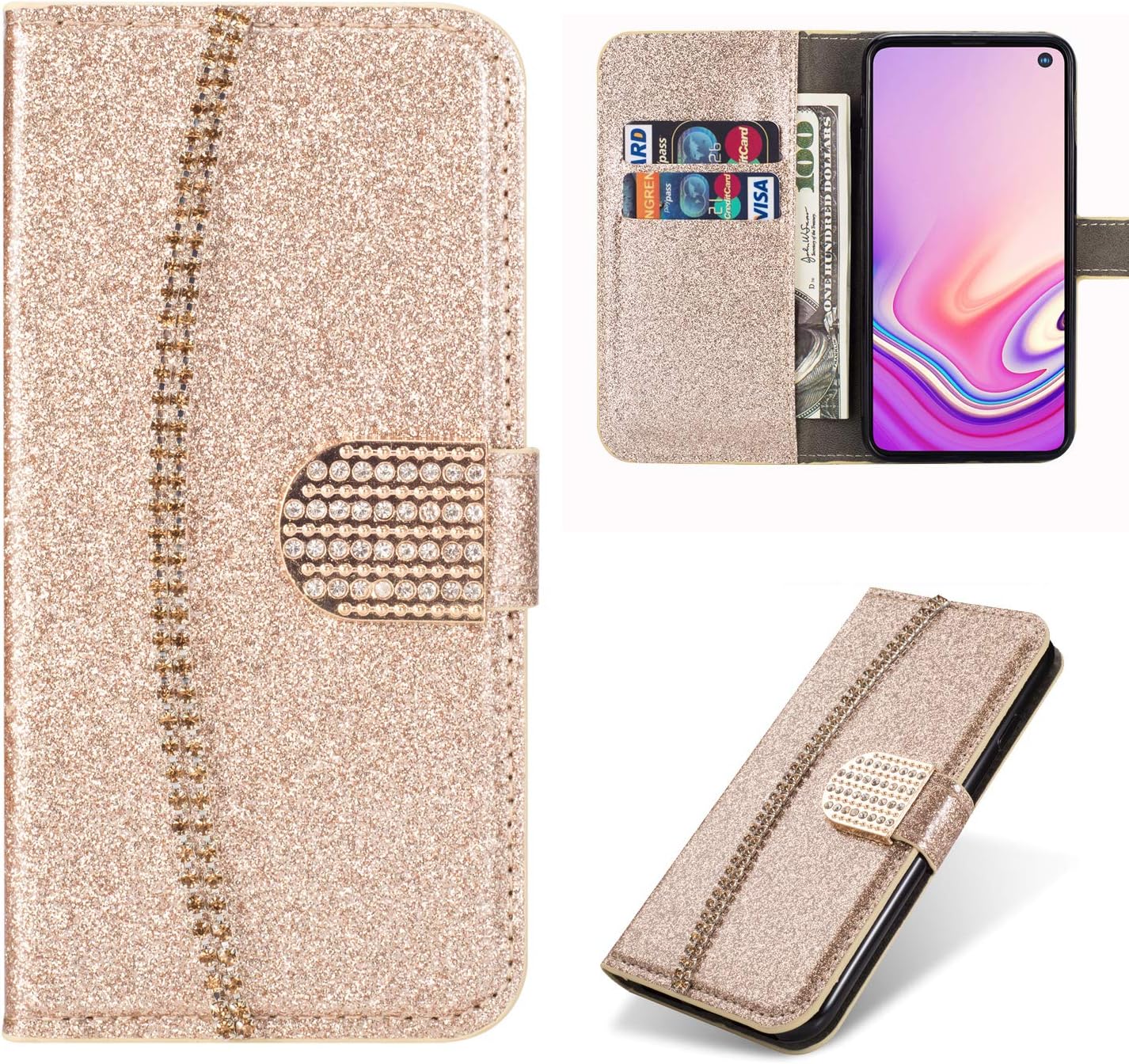 PU Leather Case Wallet Cover Flip Folio Book Case for Samsung Galaxy S10+/S10 Plus Case Glitter Shiny Bling Slim Flip Case with Kickstand Feature Card Slots ID Holder Gold Wallet Case