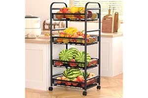caktraie Fruit Basket for Kitchen, 4 Tier Rolling Cart, Fruit and Vegetable Storage Cart, Utility Cart with 4 Wire, FWire Storage Basket with Wheels for Home, Kitchen-Black