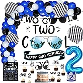109 PCs Two Cool Birthday Party Decorations, Hombae Blue and Black 2nd Birthday Decorations For Boys Backdrop Balloon Garland Arch Banner Cake Cupcake Topper Crown Poster Blue Black