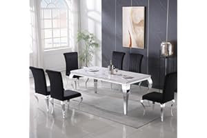 SSLINE Marble 7 Piece Dining Table Set,70" Luxurious Kitchen Dining Table with Chair Set for 6,Modern Marble Dining Room Table Set w/Snake Shape Stainless Steel Base and 6 Velvet Dining Chairs for Kitchen