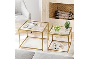 VILAWLENCE Coffee Table Set of 2, Modern Gold Glass Side Table, Metal Frame Square End Table, Center Tables, Nesting Coffee Table for Living Room, Bedroom and Small Spaces, 23.6in