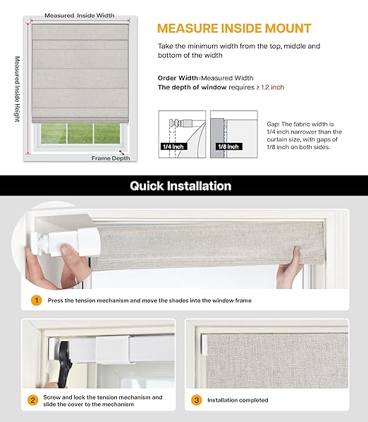 LAZBLINDS NO DRILL ROMAN SHADES FOR WINDOWS, CORDLESS BLACKOUT WINDOW SHADES WITH UV PROTECTION, POLYESTER FABRIC FOR BEDROOM & LIVING ROOM, 24″ W X 64″ H, NATURAL