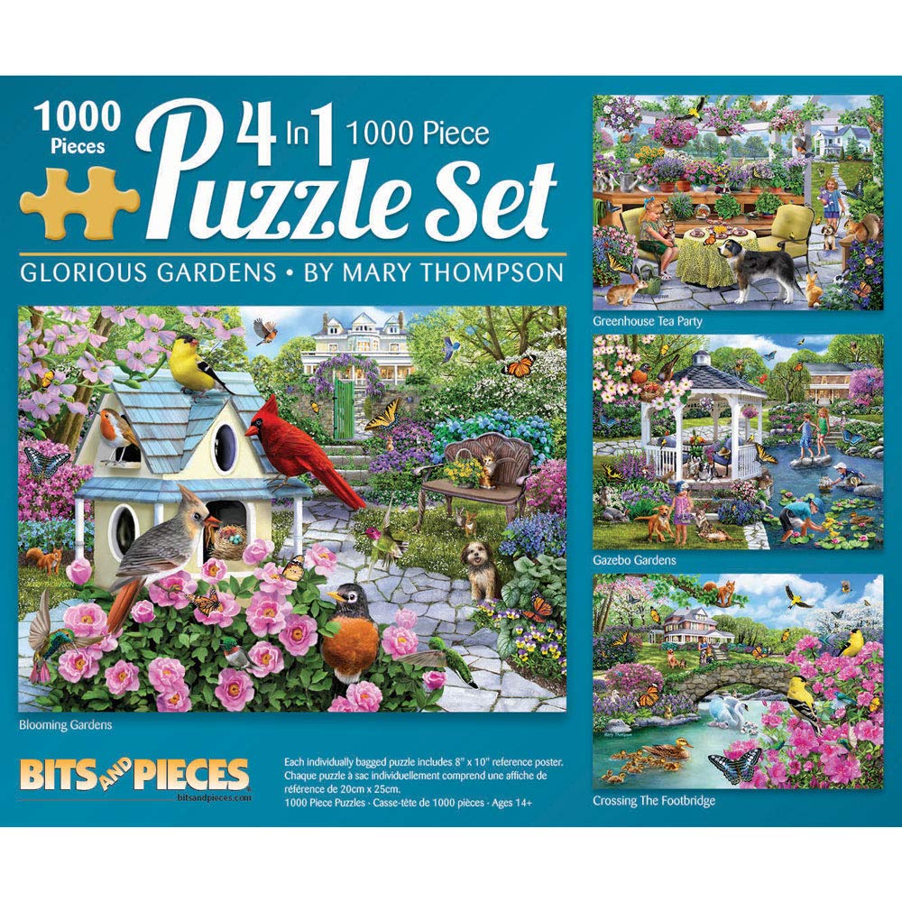 Bits and Pieces - Glorious Gardens 4-in-1 Multi-Pack Set 1000 Piece Jigsaw Puzzles for Adults - Each Puzzle Measures 20" x 27" - Jigsaws by Artist Mary Thompson