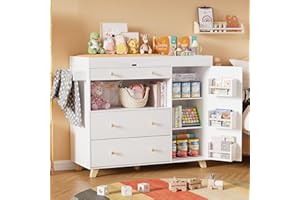 PAKASEPT Nursery Dresser with Baby Changing Table, Modern Diaper Changing Station, Dresser for Nursery with 2 Drawers & Shelves, Storage Crib with Changing Table, White