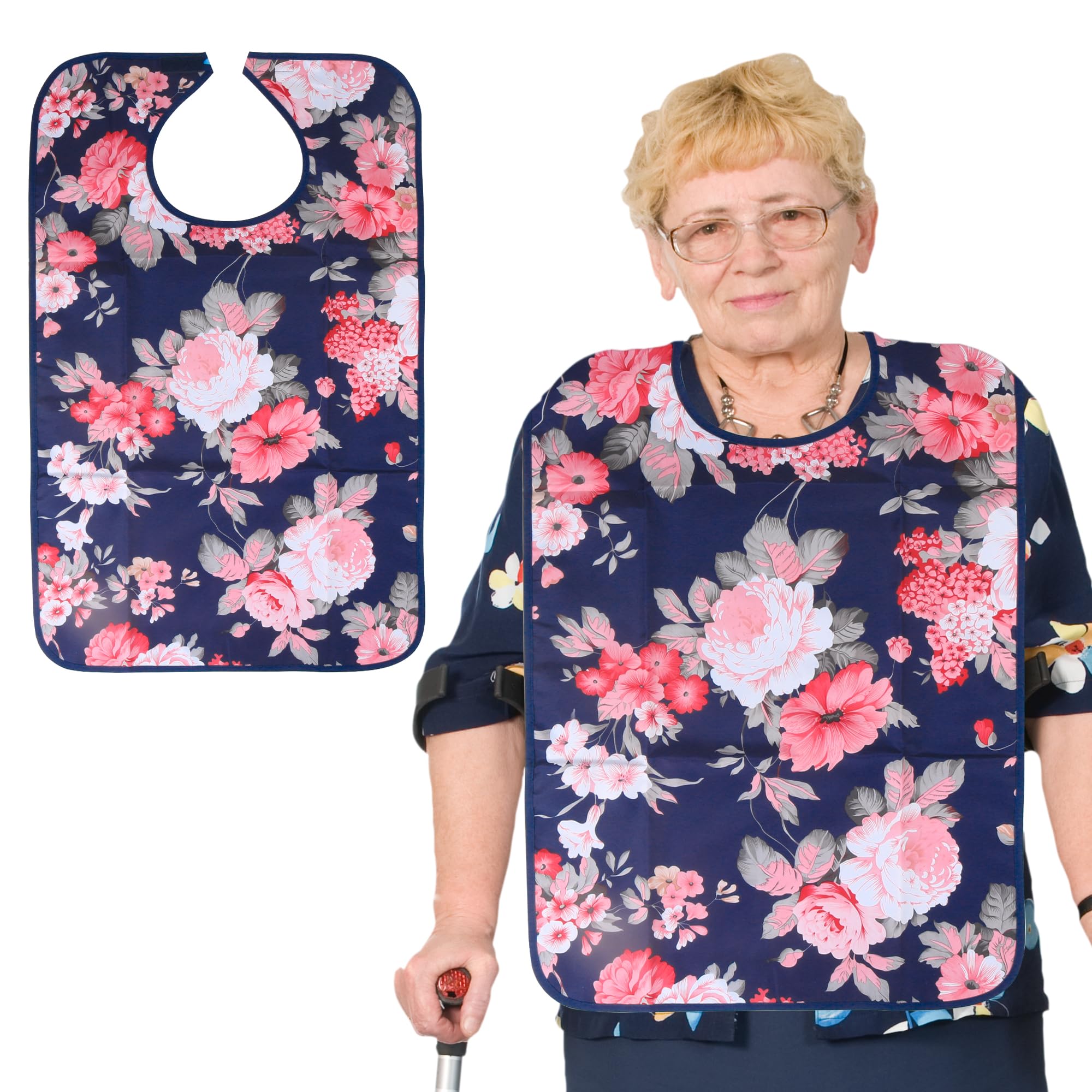 Adult Bibs Waterproof Washable Dining Bibs Reusable Clothing Protector fit for the Elderly,Patient (Hibiscus)