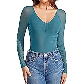 Avidlove Long Sleeve Bodysuit for Women Sexy V Neck Mesh Ruched Shapewear Body Suits Going Out Leotard Tops