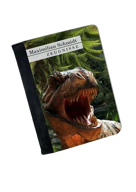 Kinder Zeugnismappe | Dokumentemappe für Zeugnisse mit Klarsichthüllen | A4 mit (Wunsch) Namen | Motiv Dinosaurier T-Rex
