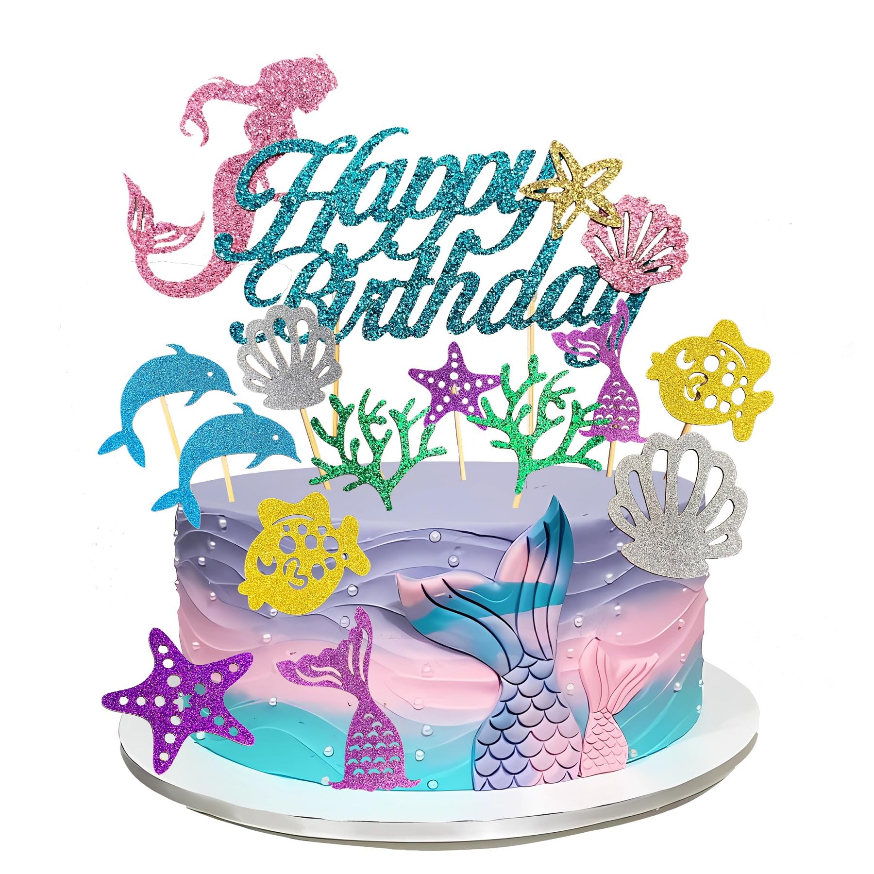Photo 1 of Mermaid Birthday Cake Toppers Set - Sparkling Ocean Theme Decor with Happy Birthday Topper and 12 Colorful Undersea Elements Cupcake Picks - Ideal Cake Decorations for Girls