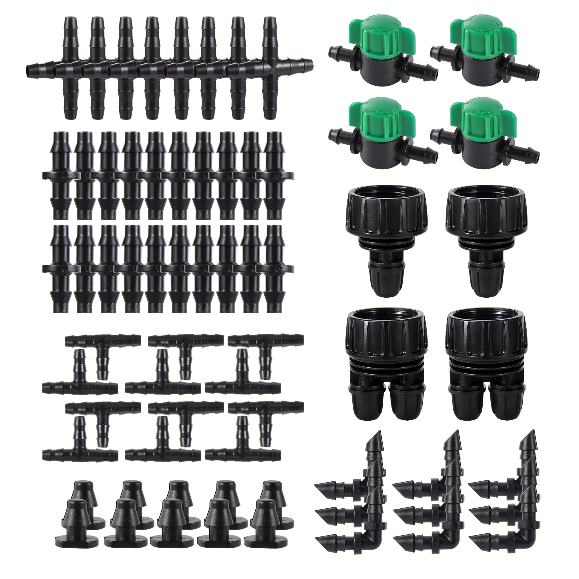 Photo 1 of 128 Pcs 1/4 Barbed Connectors Irrigation Fittings Kit, 3/4'' to 1/4'' Hose Adapter,Convert 3/4" Female Hose Thread to 2-Way 1/4" Tubing for Repair Drip Irrigation Fittings Misting Cooling System