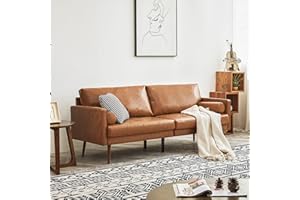 Vonanda Faux Leather Sofa Couch, Mid-Century 73 Inch 3 Seater Leather Couch with Hand-Stitched Comfort Cushion and Bolster Pillows for Living Room,Elegant Cognac Tan