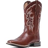 IUV Women's Leather Western Boots Square Toe Cowboy Boots for women Mid Calf Classic Cowgirl Boots Genuine leather toe and heel, textured sheepskin shaft