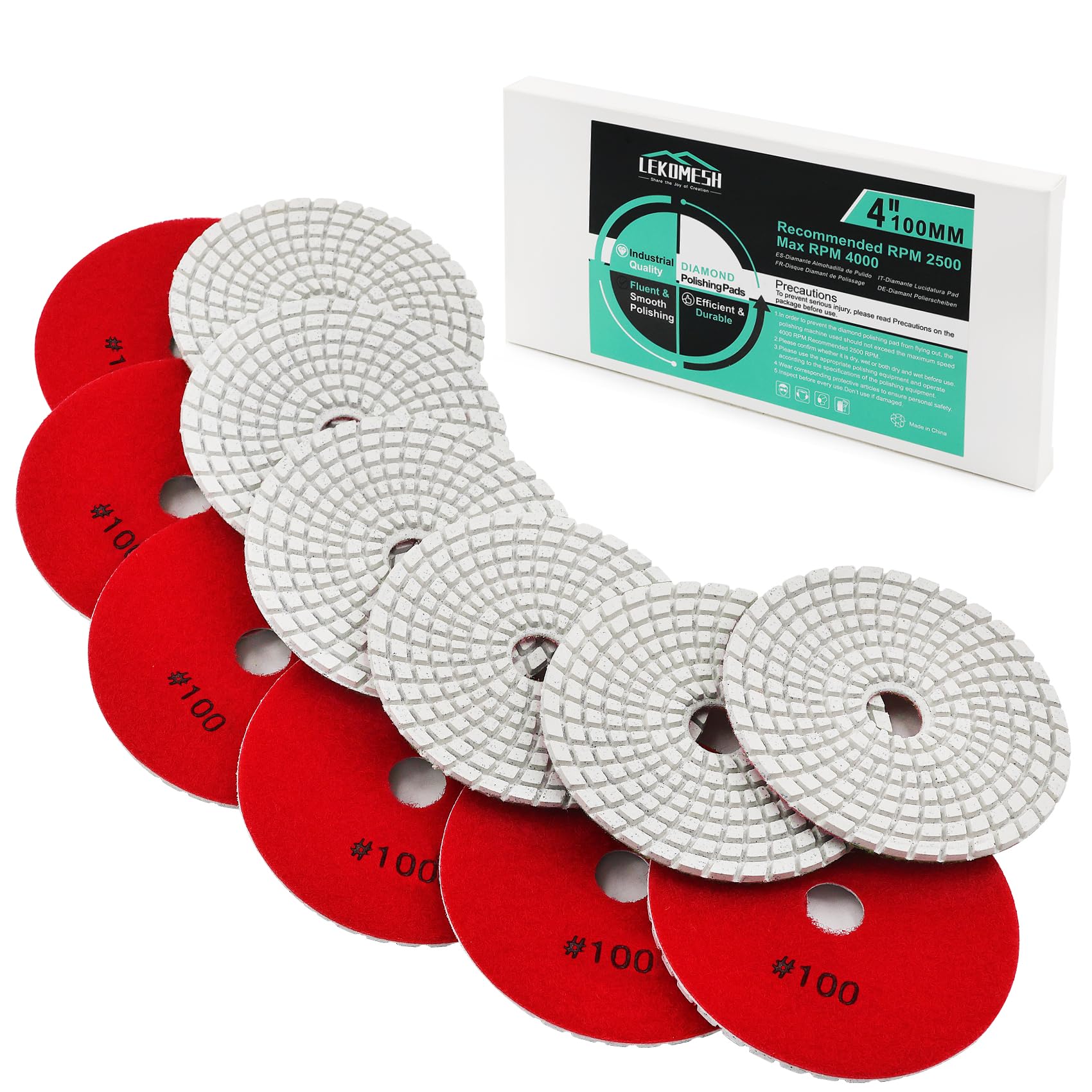 Diamond Wet Polishing Pad LEKOMESH - 6pcs 4 Inch(100MM) Wet Polishing Wheel Set for Granite Marble Artificial Stone Quartz,#50-#3000 Polishing Pad for Grinder or Polisher