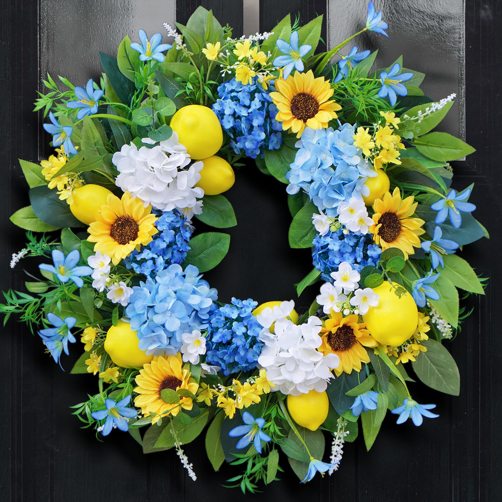 24in spring summer wreaths for front door, artificial sunflower lemon wreath with blue hydrangeas, l
