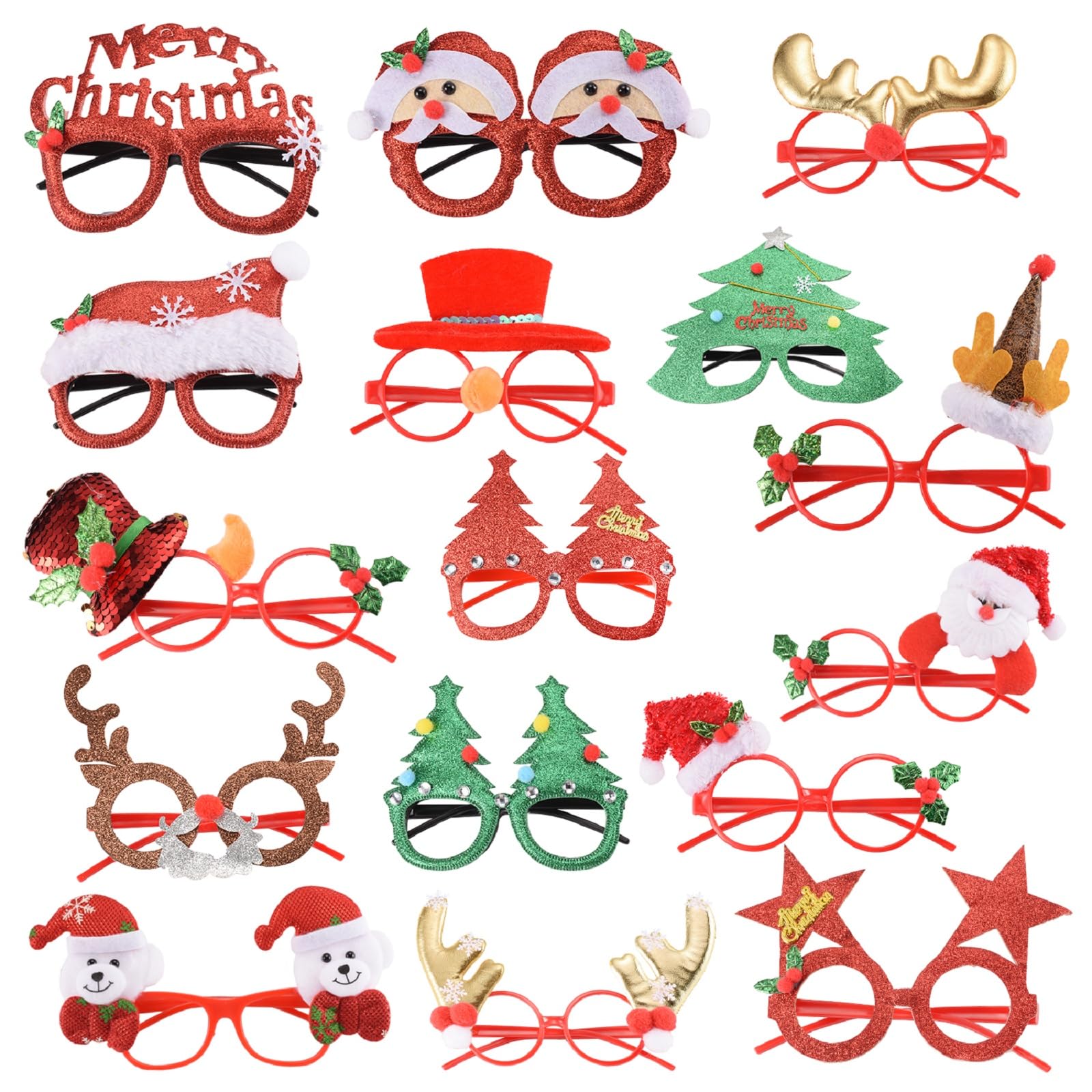 SEVEN STYLE 16 PCS Christmas Holiday Glasses for Kids & Adults,Cute Christmas Glasses Frames,Fun Christmas Party Favors Festive Decorations & Trinkets, Perfect for Goodie Bag Stuffers ，Photos booth