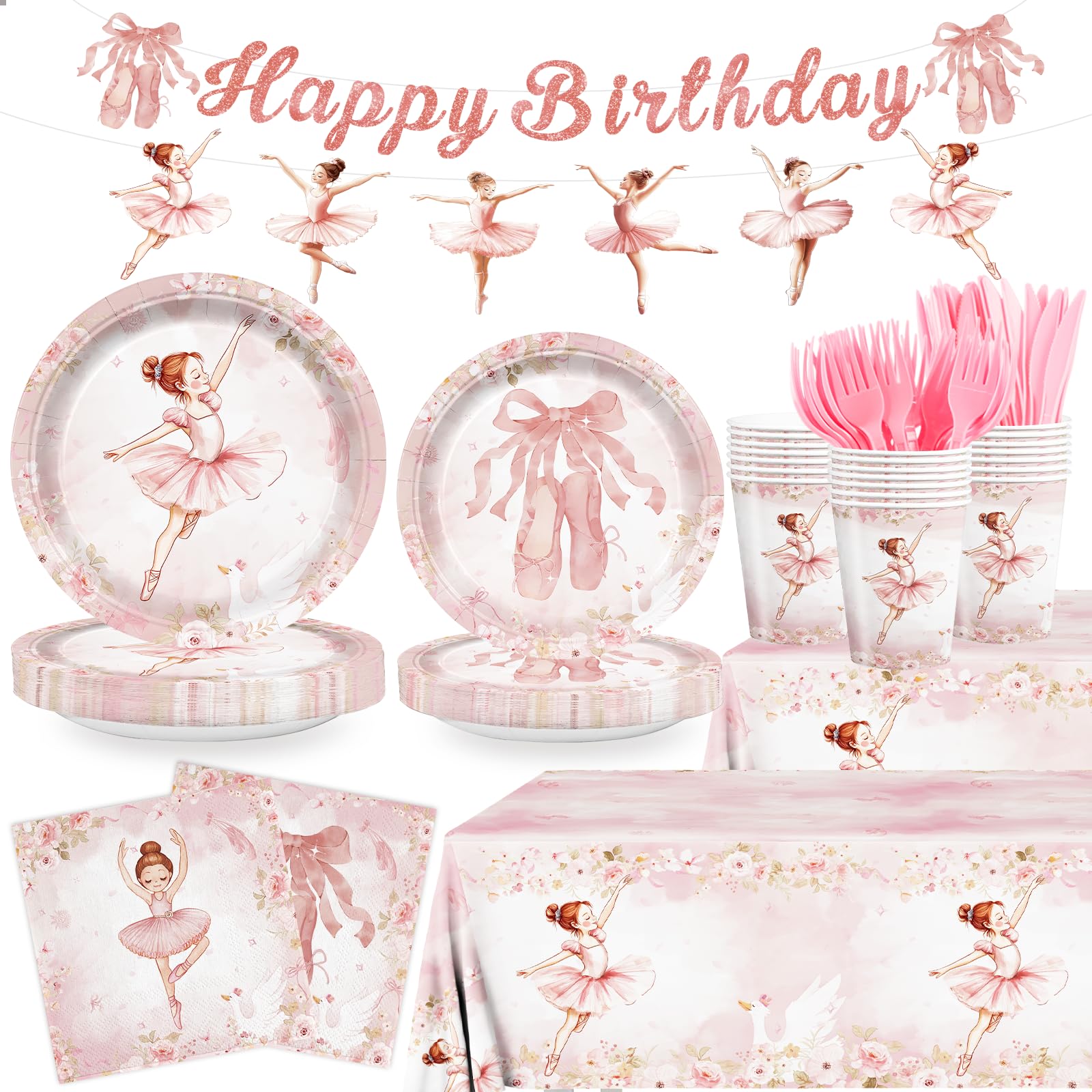 Photo 1 of 147Pcs Ballerina Birthday Party Decorations Tableware Set Include Banner-Plates-Cups-Napkins-Tablecloth-Forks and Knives for Ballet Birthday Party Supplies