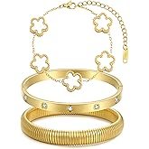 YOQ Stackable Four Leaf Clover Bracelets for Women, 18K Gold Plated Love Bangle Bracelets Set, 3 Pcs Chunky Jewelry Gifts