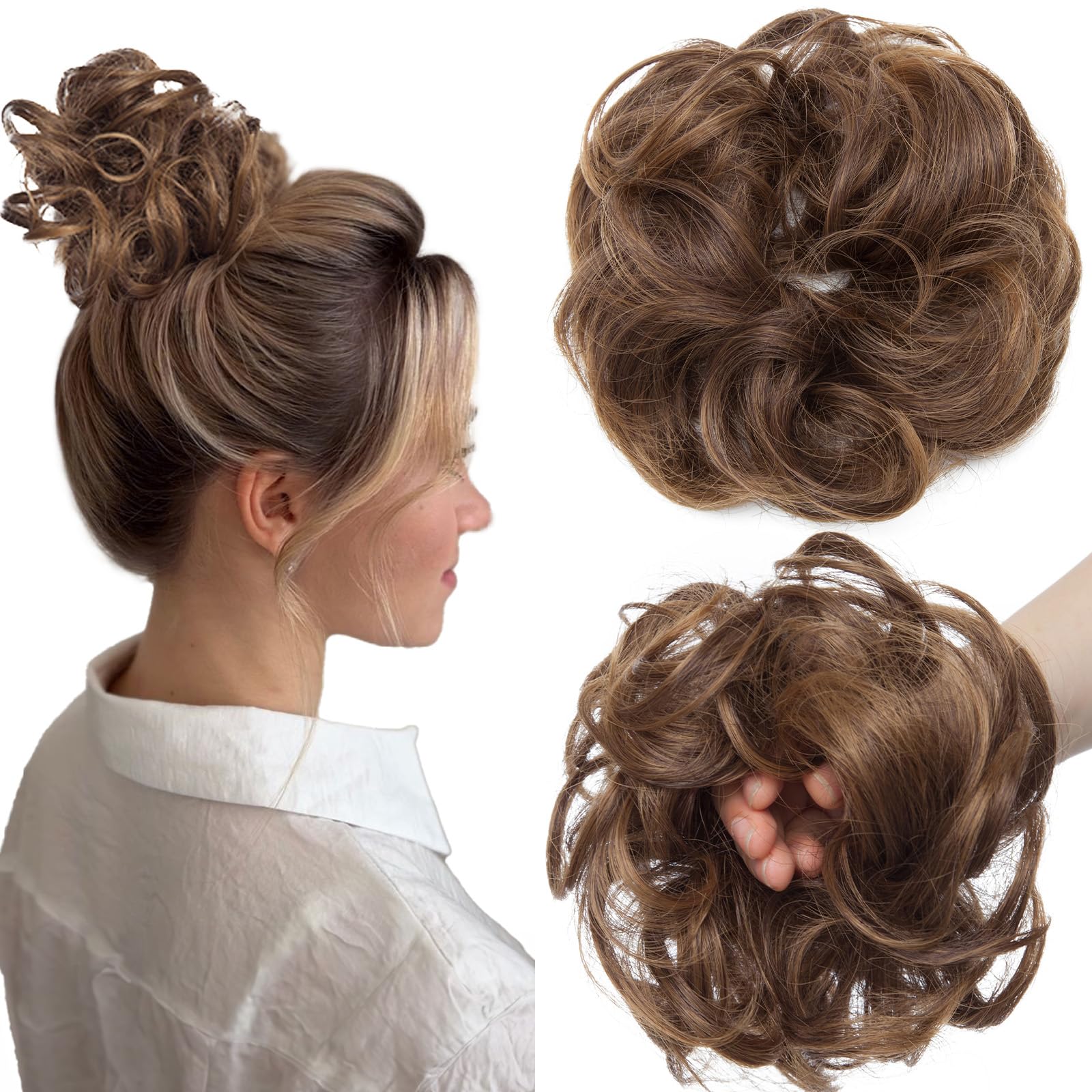 SEGOHAIR Messy Bun Hair Piece Fake Hair Bun Hair Scrunchies Bun - Lightweight 25g Synthetic Hair Bun Piece for Women, Medium Light Brown to Light Auburn Curly Wavy Elastic updo Scrunchy Bun