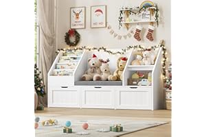 FOTOSOK 55.1’’ Kids Bookshelf with Reading Nook, Toy Storage Organizer with Seat Cushion and 3 Movable Drawers, Kids Reading Nook Toy Organizers and Storage with Bench for Playroom, Bedroom, White