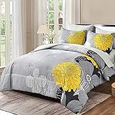 Yiran 7 Pieces Bed in a Bag Yellow Floral Comforter Set Flowers Comforter Sets Soft Microfiber Bedding Set Queen Size (1 Comforter 1 Flat Sheet 1 Fitted Sheet 2 Pillowshams 2 Pillowcases)