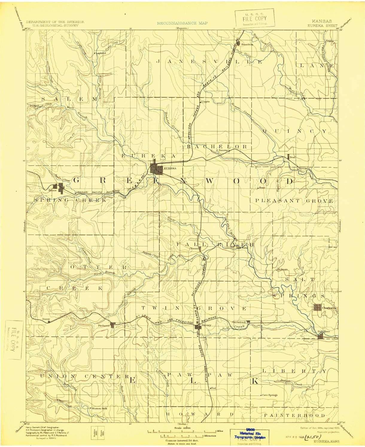 YellowMaps Eureka KS topo map, 1:125000 Scale, 30 X 30 Minute, Historical, 1894, Updated 1925, 20 x 16.26 in