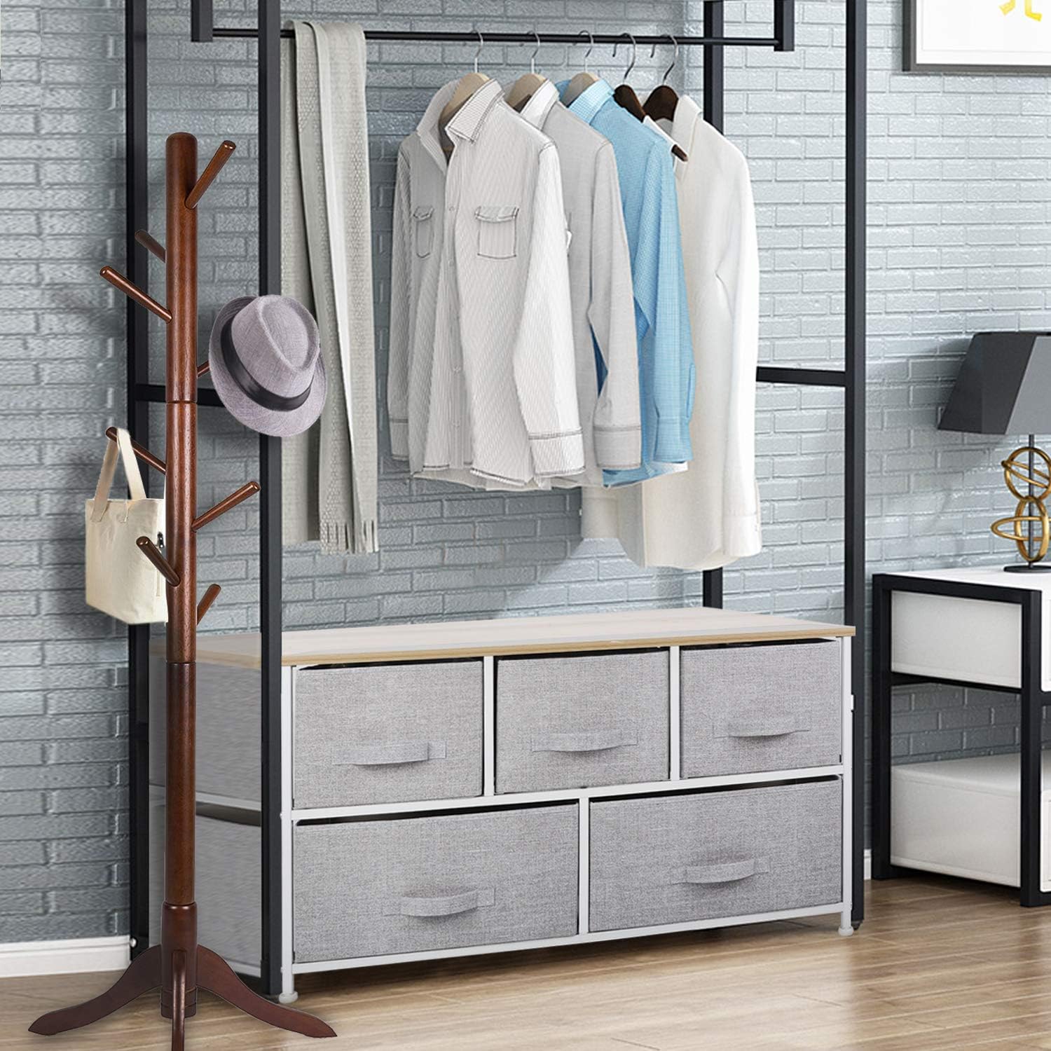 Wide Drawer Dresser Storage Organizer - CERBIOR 5-Drawer Closet Shelves, Sturdy Steel Frame Wood Top with Easy Pull Fabric Bins for Clothing, Blankets- Grey: Home Improvement