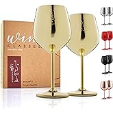 Gusto Nostro Stainless Steel Wine Glass - 18 oz Unbreakable Gold Wine Glasses for Travel, Camping and Pool - Fancy, Unique and Cute Portable Metal Wine Glass for Outdoor Events, Picnics (Set of 2)