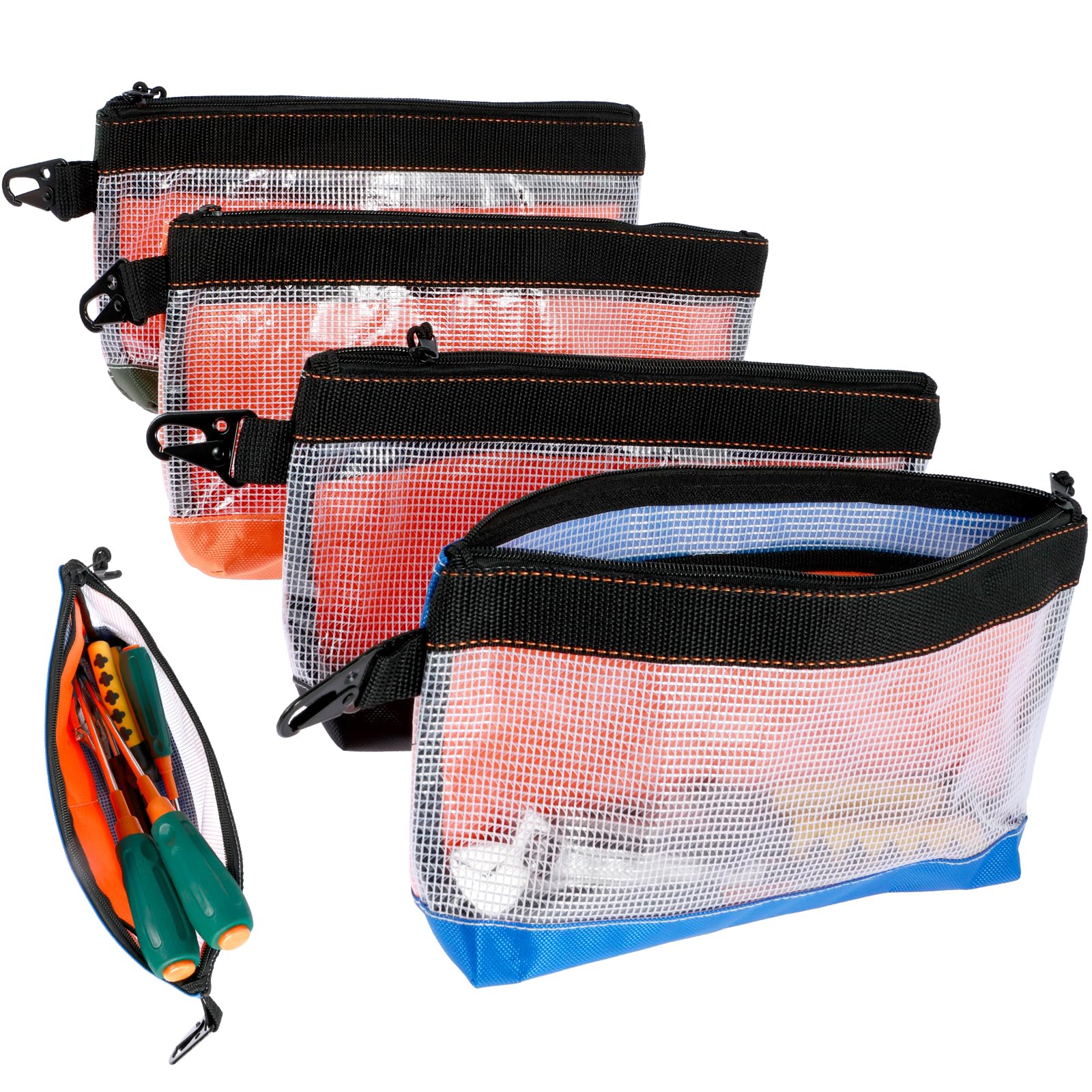 4Pcs Clear Tool Pouch Waterproof Oxford Cloth Small Tool Bag 27x16.5cm Anti-Static Tool Storage with Zipper &Carabiner,Heavy Duty Utility Accessories Organizer for Screwdriver Socket