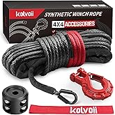 Kolvoii Synthetic Winch Rope Kit, 1/4" x 50ft 9,650 lbs Winch Cable with Steel Hook, Protective Sleeve and Winch Cable Stoppe