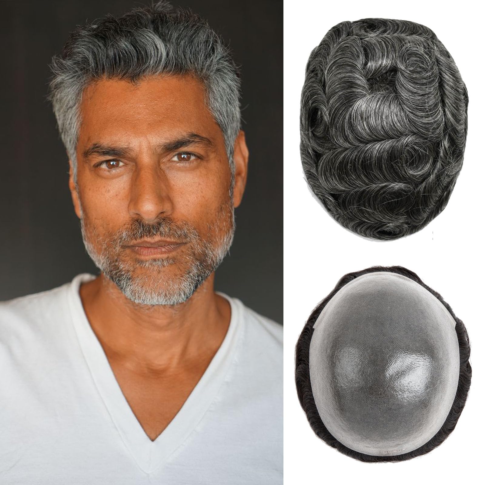 Toupee For Men 0.1mm Poly Skin Human Hair System For Men Men'S Toupee V-Loop Knots Durable Pu Toupee Human Hair Mens Wig Base Size 8X10 Inch 120% Density （#1B50）
