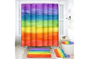 ArtSocket 4 Pcs Shower Curtain Set Rainbow Watercolor Stripe Abstract Colorful Striped Creative Vintage with Non-Slip Rugs Toilet Lid Cover and Bath Mat Bathroom Decor Set 72" x 72"