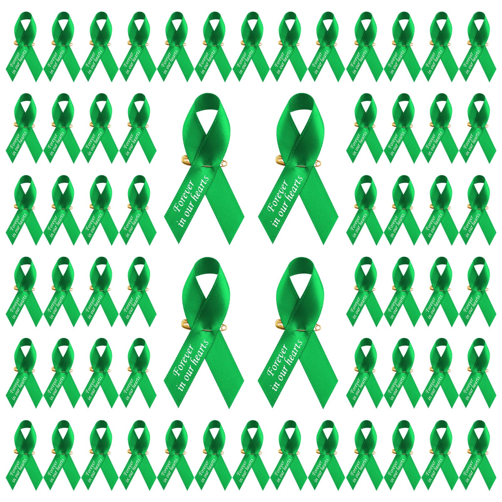 CRAFFANCY WANDIC 200pcs Green Ribbon Pins Mental Health Awareness Badges Liver Cancer Brooch Memorial Ribbon Badges in Forever in Our Hearts for Funeral Mourning Event Bereavement Remembrance