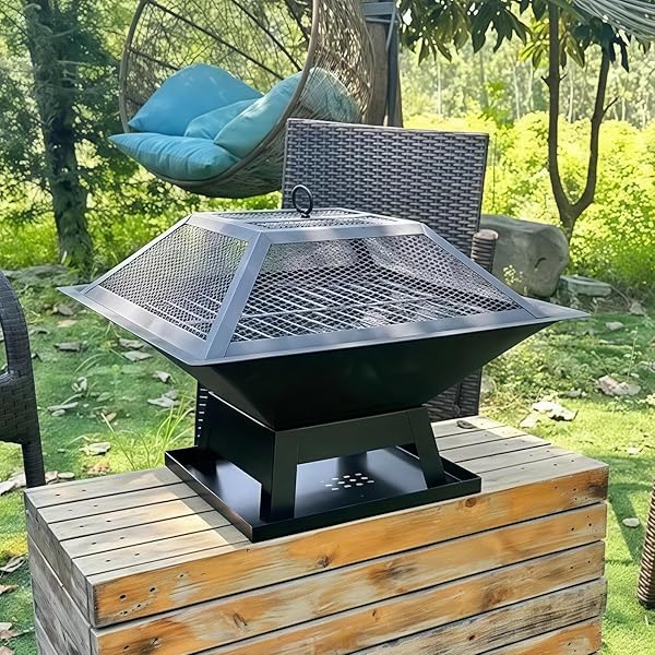 KINGBURN OUTDOOR FIRE PITS FOR OUTSIDE WOOD BURNING TABLE FIRE PIT WITH SPARK SCREEN COVER, FIRE BOWLS BACKYARD FIRE PIT WITH FIRE POKER FOR CAMPING BEACH (BLACK, 18.5 INCH)