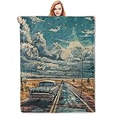 VANZEV Vintage Car Route 66 Blanket, Classic Car and Scenic Highway Flannel Throw Blankets,Soft Warm Lightweight Cozy Plush Throws for Bed Sofa Office Home Decor Gifts for Men Travel Lovers 60"x50"