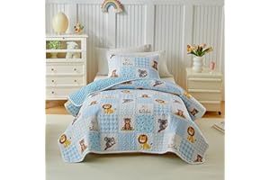 Joyreap Twin Size Quilt Set for Kids, Blue White Animals Patchwork Design, 2 Pieces Soft n Cozy Microfiber Quilt, Bedspread Bed Cover for All Season- 68x88 inches