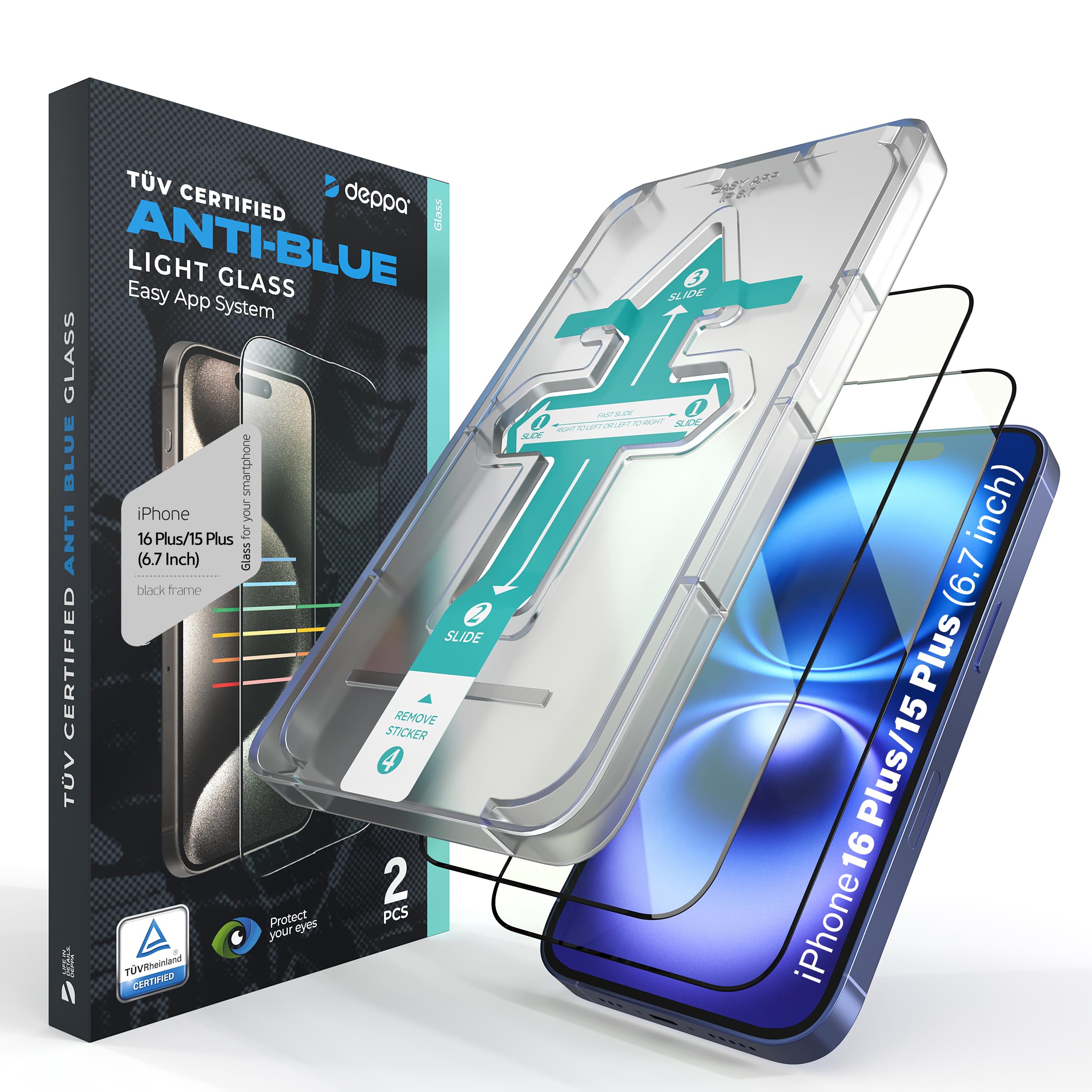 Deppa |2 Pack| Eye Safeguard Certified Anti-Blue Light Screen Protector for iPhone 15 Plus/16 Plus (6.7') Tempered Glass Edge to Edge Full Cover with Easy Installation Kit Tray