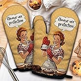 ZHANTUONE Always Use Protection Funny Heat Resistant Oven Mitts 2-Piece Set with Silicone Non-Slip, Retro Housewife Cooking Baking Gadgets, Gifts for Bake Lover Mom Wife Sister BFF Colleague