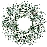 Sggvecsy Artificial Greenery Leaves Wreath for Front Door 22 Inch Greenery Boxwood Wreath with Flocked Lambs Ear White Berries for Spring Summer Farmhouse Wall Home Indoor Outdoor Decor