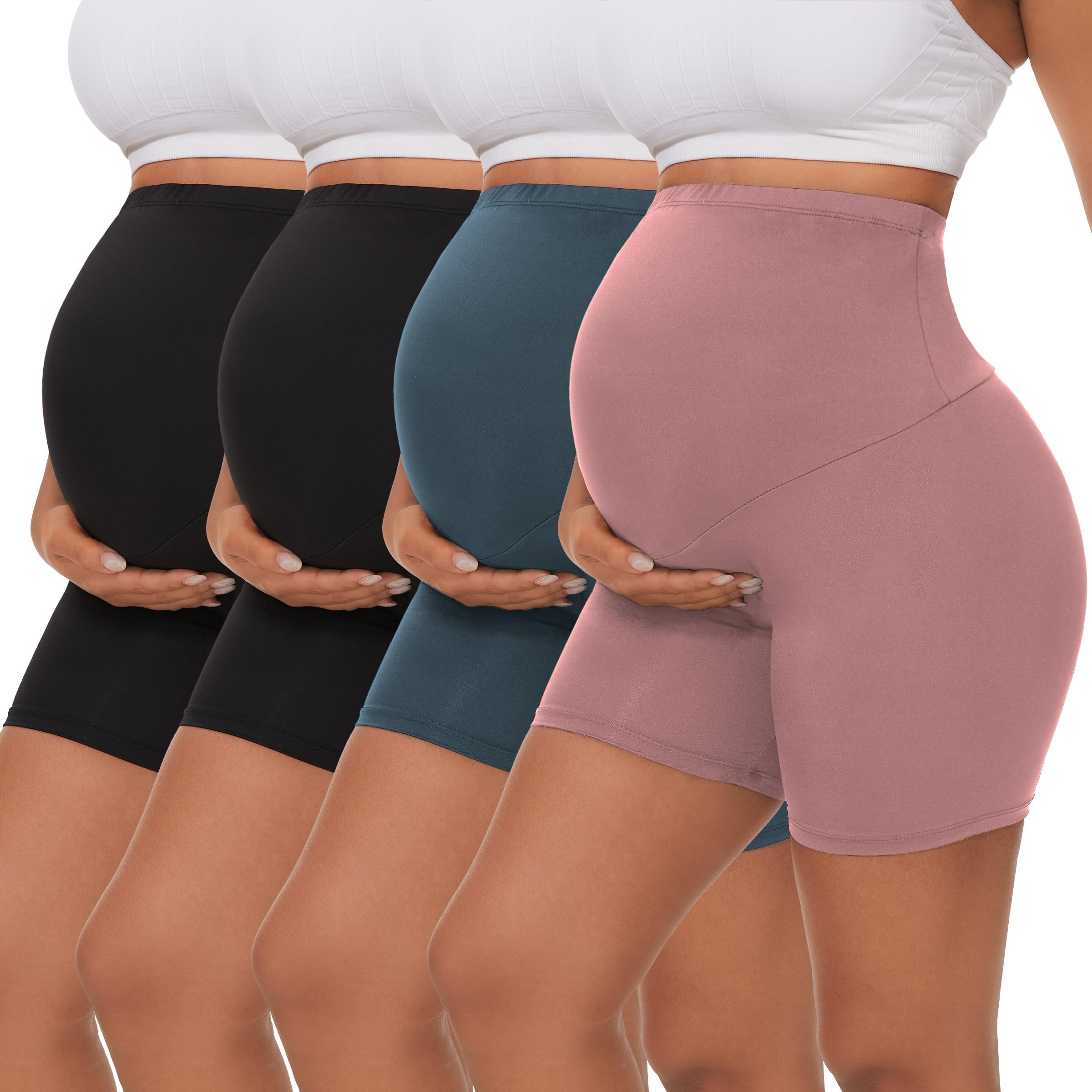 Photo 1 of Dalavch 4 Pack Women's Maternity Yoga Shorts Over The Belly Pregnancy Biker Workout Active Athletic Pregnant Shorts 5” 2 Black 1 Pink 1 Blue Large
