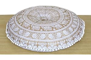 CRAFT KALA 32 Inch Meditation Floor Pillow Cover Round Pillow Seating Hippie Decorative Adults Bohemian Mandala Cushion Cover Outdoor Living Room Throw Ottoman Poufs Cover (White Gold Elephant)