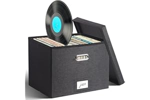 KKU Vinyl Record Storage Box, Holds up 50+ Single Record Storage Box with Lid and Handles, Decorative Album Storage LP Record Storage with Clear Label Window Organizes Precious Vinyl Record