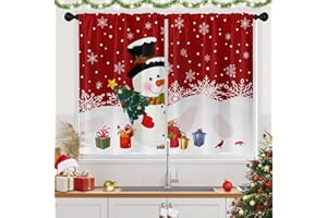 Nesphy Christmas Snowman with Tree Kitchen Window Curtains Over Sink Set of 2, Winter Snowflakes Rod Pocket Short Tier Curtains, Red Christmas Small Kitchen Decor (26x36 Inch)