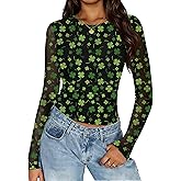 Womens Mesh Long Sleeve St Patricks Day Tops See Through St Pattys Shirt Round Neck Y2k Shamrock Clover Graphic Tees