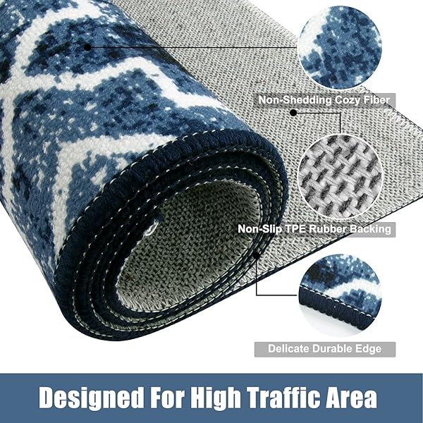 WONNITAR MOROCCAN INDOOR DOOR MAT, 36″X59″ ENTRY RUG WASHABLE FRONT DOOR MAT, NON-SLIP ABSORBENT DIRT TRAPPER MAT, LOW-PROFILE FLOOR CARPET FOR ENTRYWAY KITCHEN BATHROOM (POST BLUE,59” X 35.4”)