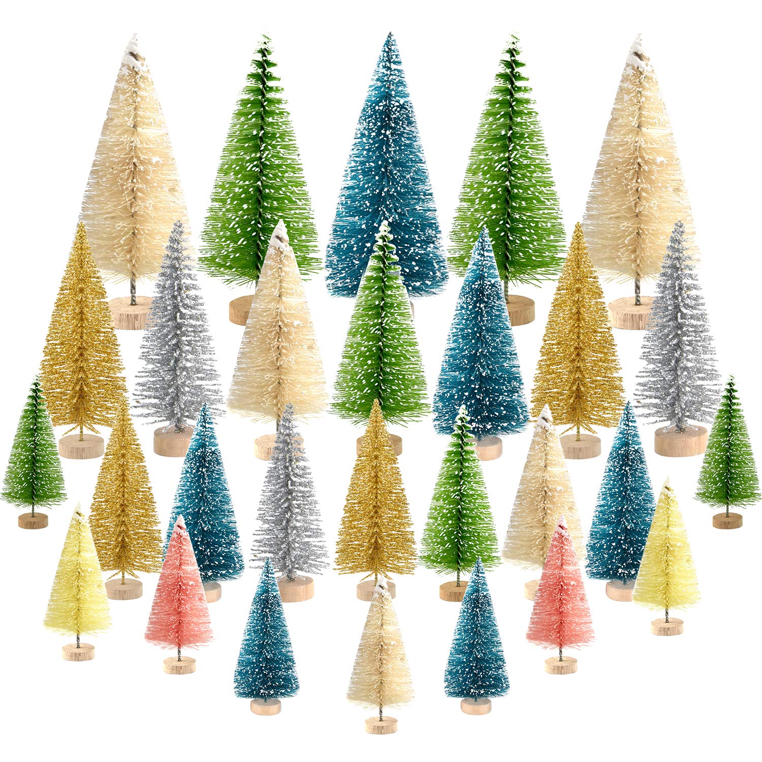 KUUQA 36Pcs Multicolor Mini Sisal Trees - Bottle Brush Pine With Wood Base - Snow Frosted Winter Ornaments for Christmas Decorations, Tabletop, Diorama Models