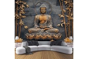 3D Effect Buddha Statue Bamboo Lotus Mural Wallpaper for Living Room Bedroom Decor, Zen Sculpture Plants Wall Art, Non-Woven 