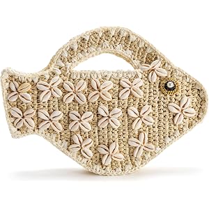 Rechiali Fish Shaped Straw Handbag Purse for Women Small Shell Clutch Bag
