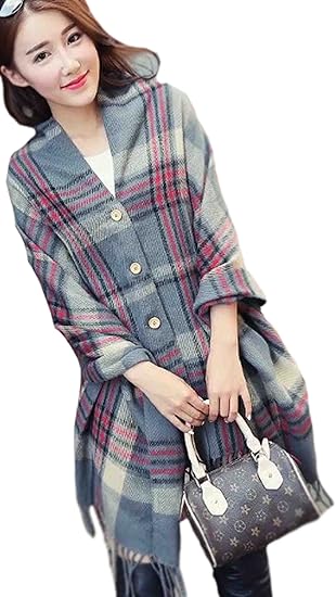 Amazon ケイミ Keimi 袖付きストール コート ポンチョストール カーディガン風 フリンジ付き バイカラー チェック柄 大判 ウールタッチ レディース 大判 ストール コート ショール グレー ファッション小物 通販