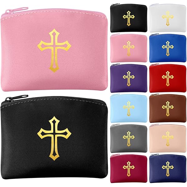 Shinylin 12 Pcs Leather Rosary Pouch Case with Zipper Gold Cross