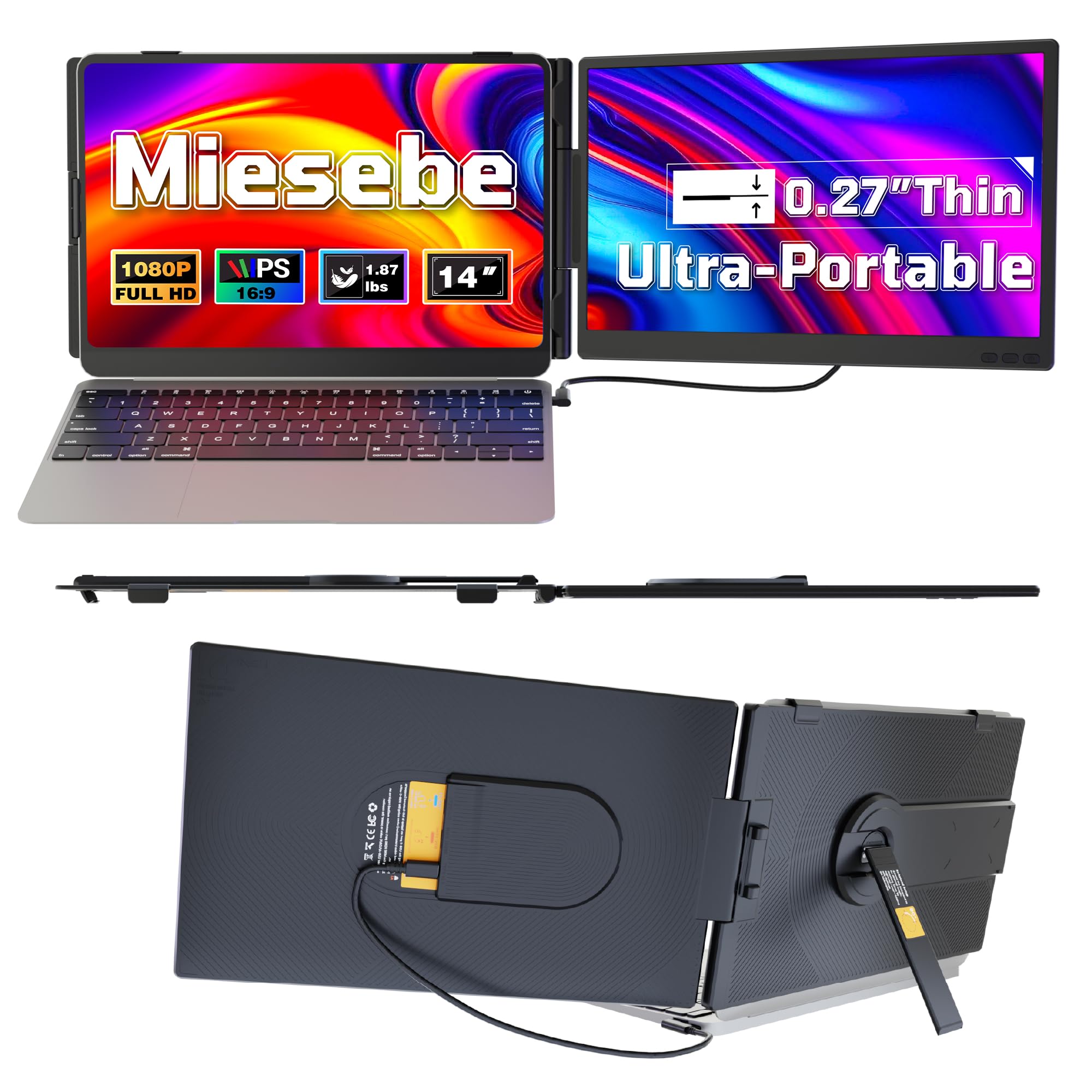 Miesebe Laptop Screen Extender 14", Ultra Thin 0.27'' FHD 1080P Portable Monitor for Laptop 13-17.3", Plug n Play Extra Monitor Extender, Eye Care Second Screen for MacBook/Windows/Android/Switch/PS5