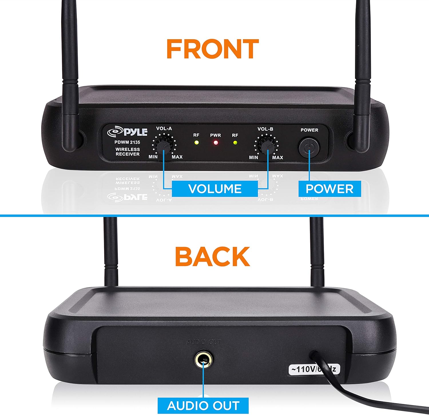 Pyle Channel Microphone System-VHF Fixed Dual Frequency Wireless Set with 2 Handheld Dynamic Transmitter Mics, Receiver Base-for PA, Karaoke, Dj Party (PDWM2135): Musical Instruments
